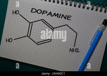 Dopamin auf ein Buch schreiben. Strukturelle chemische Formel. Bildung Konzept Stockfoto