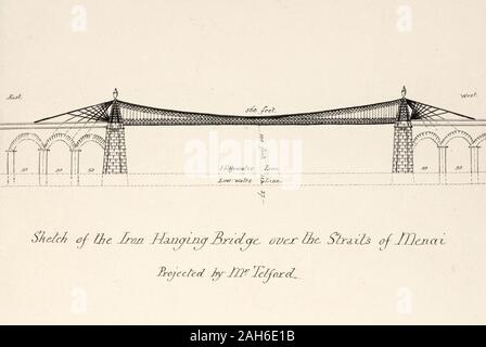 Skizze des Telfords hängende Brücke über die Menai, ca. 1775 Stockfoto