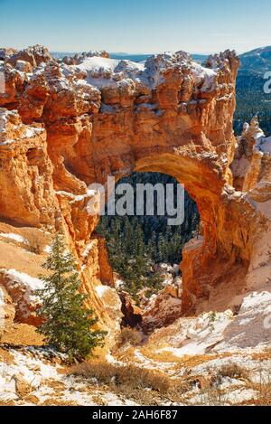 Natürliche Steinbrücke, Arch im Bryce Canyon mit Schnee Stockfoto