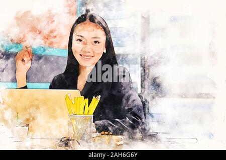 Abstrakte farbenfrohe business Frau, Lächeln, Porträt und Arbeiten im Büro auf Aquarell illustration Malerei Hintergrund. Stockfoto