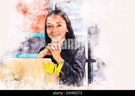 Abstrakte farbenfrohe business Frau, Lächeln, Porträt und Arbeiten im Büro auf Aquarell illustration Malerei Hintergrund. Stockfoto