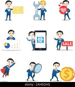 Satz von Zeichen Rechtsanwalt Mann in Jurist Beruf. Stock Vektor