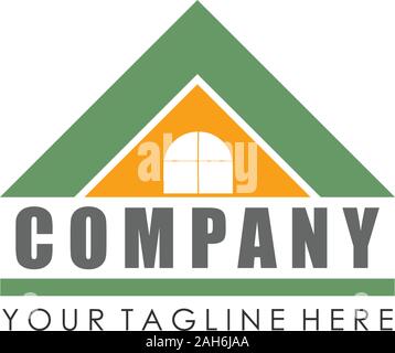 Real Estate Company Logo Design Vorlage, Haus Top Logo Konzept, Grün, Orange, Weiß, Dach, Fenster, abgerundete Form, Vektor-EPS 10. Stock Vektor