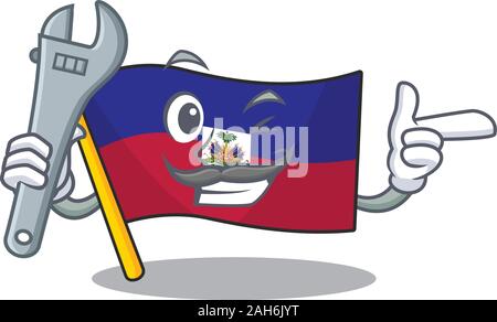 Cool Mechaniker Flagge Haiti Blättern Cartoon Character Design Stock Vektor