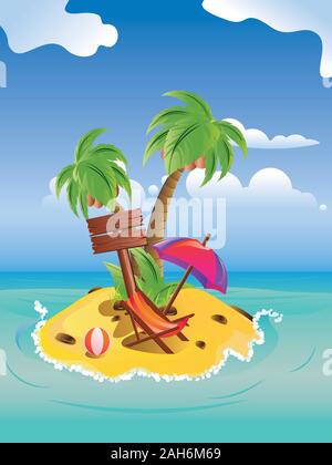 Kleine Insel mit zwei Palmen und gelben Sand im Meer. Stock Vektor