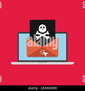 Laptop und Umschlag mit totenkopf und gekreuzten knochen. virus Konzept. Vektor Stock Vektor