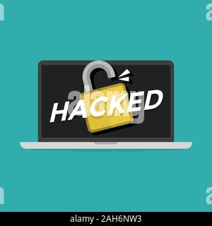 Laptop mit offenen Schloss auf dem Bildschirm. Konzept der Virus, Piraterie, Hacking und Sicherheit. Vektor Stock Vektor
