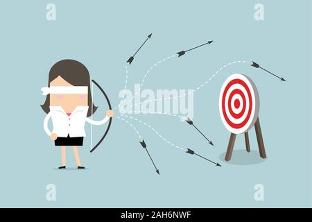 Augenbinde Geschäftsfrau mit Pfeil und Bogen verfehlt das Ziel. Vektor Stock Vektor