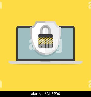 Laptop und Schild mit Vorhängeschloss auf dem Bildschirm. Computer Sicherheit und Schutz konzept. Vektor Stock Vektor