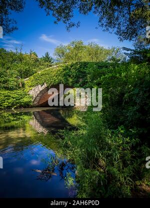 Nahaufnahme der Gapstow Brücke im Central Park im Sommer, bedeckt mit grünem Efeu und umgeben von üppiger Vegetation Stockfoto