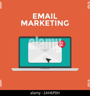Laptop mit Umschlag und Öffnen der E-Mail-Anwendung auf dem Bildschirm. E-Mail Marketing. Vektor Stock Vektor