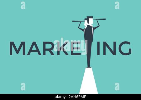 Marketing Konzept Vector Illustration mit Geschäftsmann durch Teleskop von einer Klippe. Stock Vektor