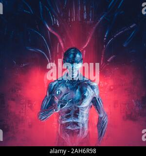 Chrom icebreaker Reloaded/3D-Darstellung von metallischen Science Fiction männlichen Humanoiden cyborg Spiegel Sonnenbrille tragen Stockfoto