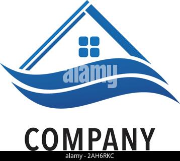 Immobilien Logo Design Vorlage, Bauunternehmen, Blau Symbol House, abgerundete, Fenster, Dach, Wave Element, Home Builders, Einfach und Sauber Stock Vektor