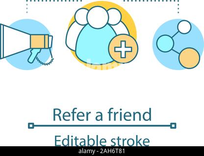 Empfehlen Sie einen Freund Konzept Symbol. Neue Follower. Inhalt und Link gemeinsame Idee, dünne Linie Abbildung. SMM. Vektor isoliert Umrisse zeichnen. Editierbare Anschlag Stock Vektor