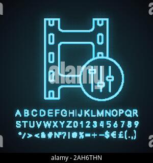 Sound Mixer Neonlicht Symbol. Audio Equalizer. Mixing Console. Stimme handeln. Film Making. Sound kombiniert. Leuchtende Zeichen mit Alphabet, Zahlen und Symb Stock Vektor