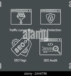 SEO chalk Symbole gesetzt. Verkehr Umwandlung, Datenschutz, SEO tags und Audit, benutzerdefinierte Codierung. Isolierte vektor Tafel Abbildungen Stock Vektor