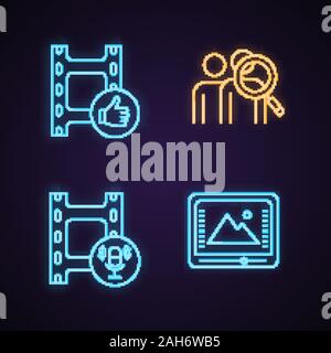 Filmindustrie Neon Licht Symbole gesetzt. Post Production, Audience Research, Audio Aufnahme, Farbkorrektur. Leuchtende Zeichen. Vektor isoliert Abbildung Stock Vektor