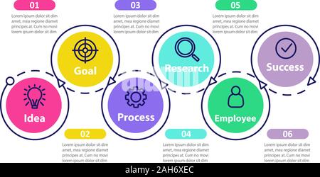 Ziel setzen und erreichen Vektor Infografik Vorlage. Ehrgeiz und Erfolg. Idee, Realisierung. Daten Visualisierung mit sechs Schritte und Optionen. Verarbeitungsphasen Stock Vektor