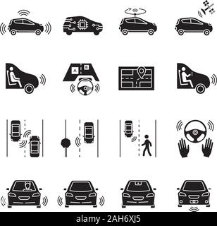 Autonome auto Glyphe Symbole gesetzt. Intelligente automatische Erkennung von anderen Fahrzeugen, Verkehrszeichen, Fußgänger. Fahrerlose auto Sensoren. Selbstfahrer Automobil GP Stock Vektor