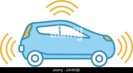 Autonome Auto in Seitenansicht Farbe Symbol. Smart Auto mit Sensoren Signale. Intelligent Auto. Selbst Fahrer Automobil. Fahrerlose Fahrzeug. Isolierte Vektor Stock Vektor