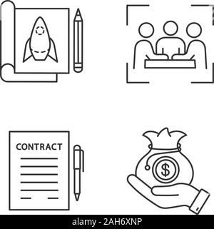 Start lineare Symbole gesetzt. Entwicklung von Prototypen, Geschäftsleute, Vertrag, Venture Capital. Thin Line Kontur Symbole. Isolierte vektor Kontur Illustrationen. Stock Vektor