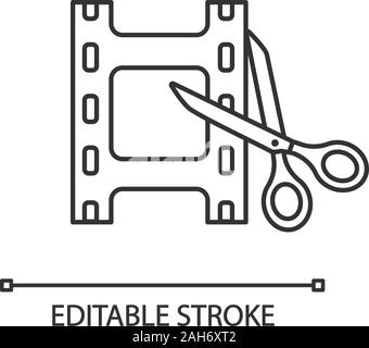 Video Editing Software lineare Symbol. Film Making. Dünne Linie Abbildung. Video schneiden. Filmstreifen mit einer Schere. Kontur Symbol. Vektor isoliert outli Stock Vektor