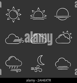 Wettervorhersage chalk Symbole gesetzt. Sonne, Sonnenaufgang, Sonnenuntergang, Wind, Wolken, bewölkt Wetter, Regen, windigen Nacht, Nebel. Isolierte Vektor des Schwarzen Brettes Stock Vektor