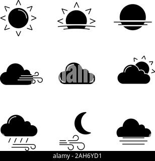 Wettervorhersage Glyphe Symbole gesetzt. Sonne, Sonnenaufgang, Sonnenuntergang, Wind, Wolken, bewölkt Wetter, Regen, windigen Nacht, Nebel. Silhouette Symbole. Vektor Stock Vektor