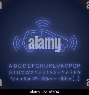 Autonome Auto in Seitenansicht Neonlicht Symbol. Smart Auto mit Sensoren Signale. Intelligent Auto. Selbst Fahrer Automobil. Fahrerlose Fahrzeug. Glühende al Stock Vektor