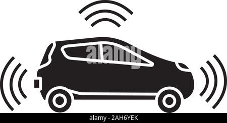 Autonome Auto in Seitenansicht glyph Icon. Smart Auto mit Sensoren Signale. Intelligent Auto. Selbst Fahrer Automobil. Fahrerlose Fahrzeug. Silhouette symb Stock Vektor