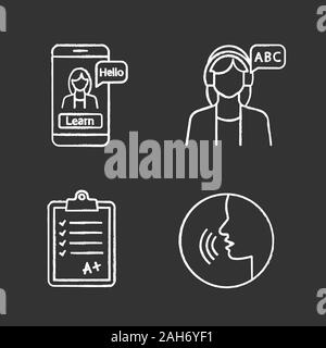 Fremdsprache lernen Chalk Symbole gesetzt. Pädagogische app, Zuhören, Test, Aussprache. Isolierte vektor Tafel Abbildungen Stock Vektor