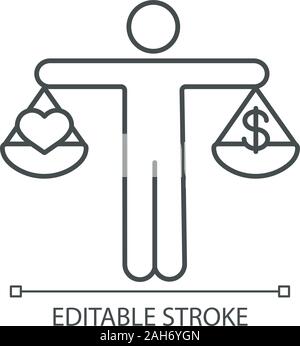 Business Ethics lineare Symbol. Dilemma. Liebe oder Geld Entscheidung. Dünne Linie Abbildung. Wahl treffen. Ehrlichkeit, Moral. Waage der Gerechtigkeit mit Dollar ein Stock Vektor