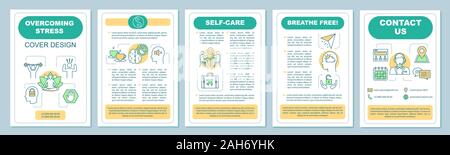 Stressbewältigung Broschüre Vorlage, Layout. Psychische Gesundheit. Flyer, Broschüre, Prospekt print Design. Psychologische Hilfe. Stress und Depression Prävention. Stock Vektor