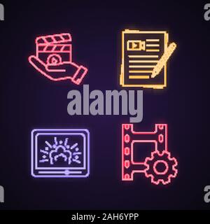 Filmindustrie Neon Licht Symbole gesetzt. Film, Drehbuch, visuelle Effekte, Video Einstellungen. Leuchtende Zeichen. Vektor isoliert Abbildungen Stock Vektor
