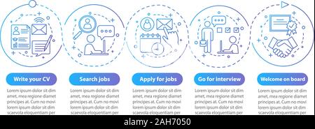 Job Suche vektor Infografik Vorlage. Beschäftigung, Rekrutierung. Business Presentation. Arbeit finden. Headhunting. Daten Visualisierung mit fünf Schritten und Stock Vektor