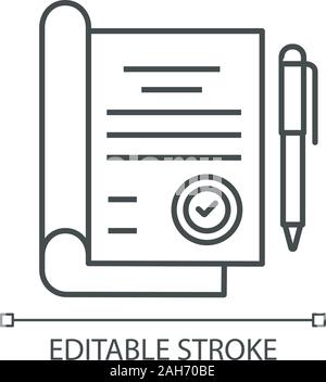 Der unterzeichnete Vertrag lineare Symbol. Vereinbarung, beschäftigen. Dünne Linie Abbildung. Unternehmensrichtlinien. Ethische Verpflichtungen. Kontur Symbol. Vektor isoliert Umrisse Stock Vektor