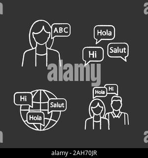 Fremdsprache lernen Chalk Symbole gesetzt. Lehrer, Kurse, Sprachen der Welt, praktischen Dialog. Isolierte vektor Tafel Abbildungen Stock Vektor