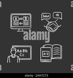 Fremdsprache lernen Chalk Symbole gesetzt. Übersetzung, Sprache für Business, Muttersprachler, Bücher. Isolierte vektor Tafel Abbildungen Stock Vektor