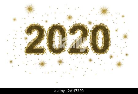 2020, neues Jahr, Jahrzehnt. Zahlen in Gold mit Glitzer und goldene Sterne, auf weißem Hintergrund. Celebratory. Stockfoto