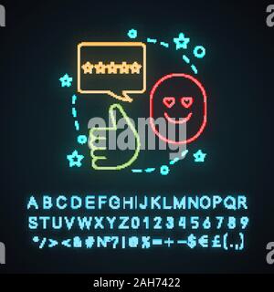 Hervorragende Übersicht Neon Licht Konzept Symbol. Feedback. Lecker, lecker. Beste Markierung Idee. Service Rating. Leuchtende Zeichen mit Alphabet, Zahlen und Symbole Stock Vektor