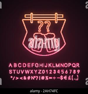 Pub quiz Neonlicht Symbol. Bar trivia. Quiz Nacht Namensschild. Pub Spiel. Bierkrug und Fragezeichen. Leuchtende Zeichen mit Alphabet, Zahlen und Symbolen. Ve Stock Vektor