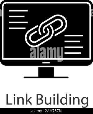 Link Building glyph Icon. SEO. Link teilen. Mittels Hyperlink. Computer angezeigt. Silhouette Symbol. Negativer Platz. Vektor isoliert Abbildung Stock Vektor