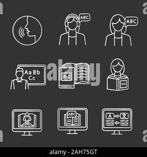 Fremdsprache lernen Chalk Symbole gesetzt. Aussprache, Hörverständnis, Lehrer, Muttersprachler, Bücher, Lesen, Lernen, e-Learning, Übersetzung. Stock Vektor