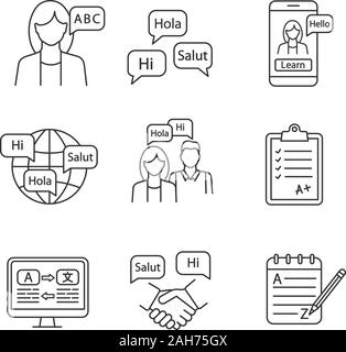 Fremdsprache lernen lineare Symbole gesetzt. Lehrer, Sprachkurse, App, Praxis, Prüfung, Übersetzung, Business Communication, Grammatik. Isol Stock Vektor