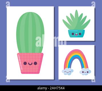 Kaktus und Icon Set cartoons Design, Kawaii Ausdruck niedlichen Charakter lustig und emoticon Thema Vector Illustration Stock Vektor
