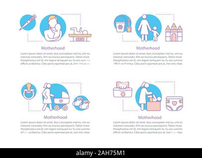 Mutterschaft Konzept Symbole. Mutter mit neugeborenen Babys. Kinderbetreuung Idee. Elternschaft. Alleinerziehende Mutter. Dünne Linie Abbildungen mit Textfeldern. Vektor isolieren Stock Vektor