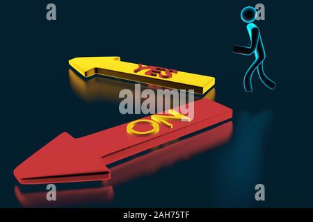 3d Mann mit Pfeilen JA NEIN in verschiedene Richtungen. Pfeile mit Inschriften: Ja und Nein. 3D-Rendering Stockfoto