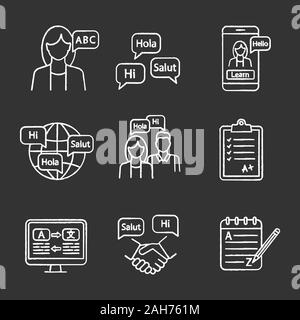 Fremdsprache lernen Chalk Symbole gesetzt. Lehrer, Sprachkurse, App, Praxis, Prüfung, Übersetzung, Business Communication, Grammatik. Isola Stock Vektor