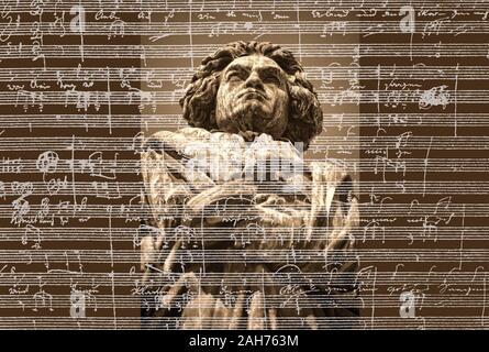 Handschriftliche musikalische Notation von Ludwig van Beethoven, love song, zärtliche Liebe, 1795, Beethoven Denkmal, Bonn, Deutschland, Stockfoto